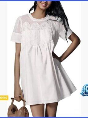Cotton Lace Mini Babydoll Dress with Ruffled Collar and Flared Hem